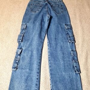 Shein Cargo Wide Leg Jeans Medium Wash Y2K Style Women Sz 26(27"wX29.5"l)